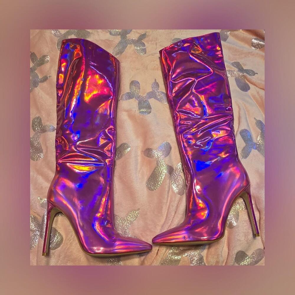 AZALEA WANG Holographic Pink Nova Stiletto Boots